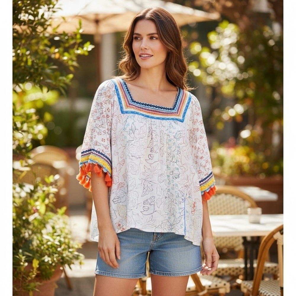 Embroidered‎ Tassel Square Neck Boho Blouse Bohemian Festival Artistic Medium - Picture 1 of 10